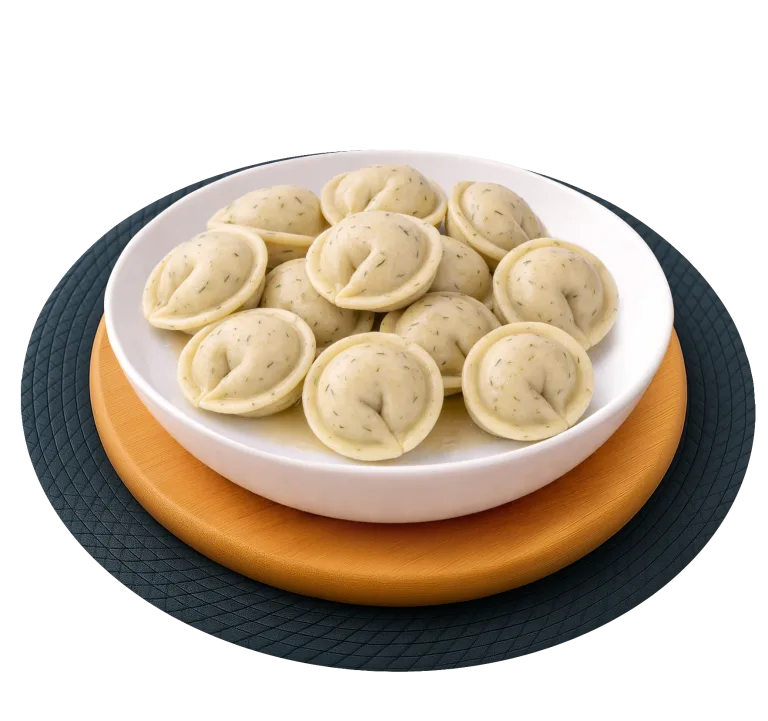 Пельмені з м’ясом та грибами (тісто з кропом)
